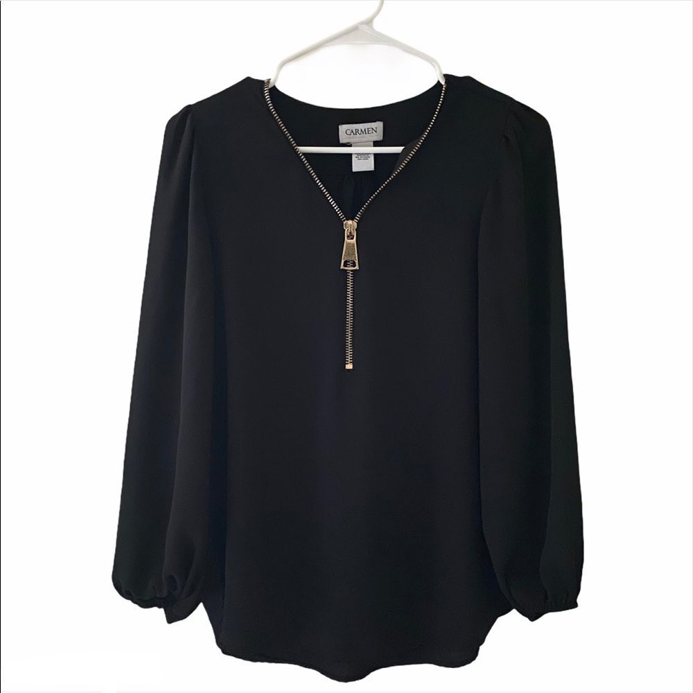 Carmen Marc Valvo Black Sheer Flowy Blouse Top Shirt Oversized Large Zipper